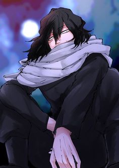 an anime character sitting down with his hands on his knees, wearing a scarf around his neck