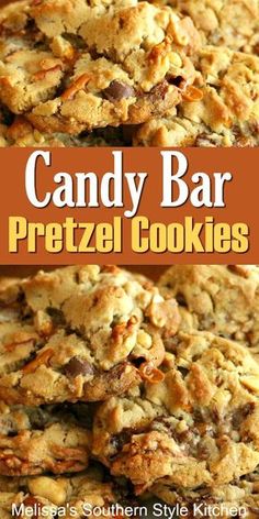 candy bar pretzel cookies stacked on top of each other with text overlay