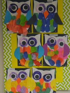 four owls made out of construction paper