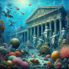 an underwater scene with statues and corals