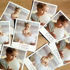 several polaroid photos of a baby holding a white ball and wearing a tiara