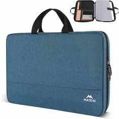 a blue laptop case with two compartments and a zipper on the side, open to show it