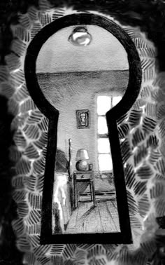 a drawing of a keyhole in the middle of a room with an open door