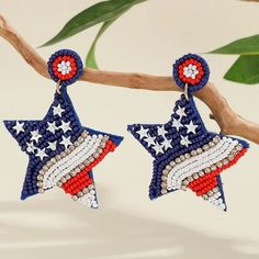 Brand New In Original Packaging Beautifully Designed Blue Star Dangle Earrings Beaded In The Usa Flag Colors Featuring Red, White And Blue Beads, Silver Stars And Clear Rhinestones, Dangle Style For Pierced Ears Gold Tone Earrings In A Large Visible Size! Only This One Pair Available! Shipping Promptly From A Clean Healthy Vapor Smoke And Pet Free Home Red Pentagram, Star Dangle Earrings, Native American Beadwork, Earrings Beaded, Beaded Clutch, Flag Colors, Beaded Dangle Earrings, July 4, Blue Star