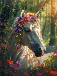 a white unicorn with flowers on its head in the middle of some flowers and trees