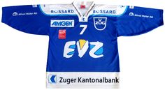 a blue and white hockey jersey with the number seven on it's left chest