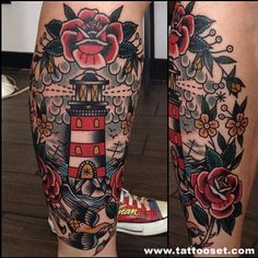 the legs are decorated with tattoos and flowers on them, while one leg has a red rose