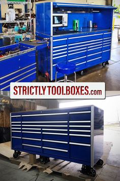 two pictures side by side with the same tool box on wheels, and one has tools in it