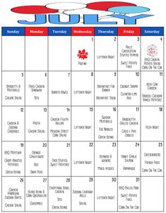 the july calendar with red, white and blue colors