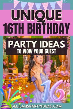 a birthday party flyer with a woman in purple dress