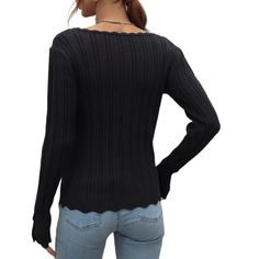 Black Knit Button Long Sleeve Pullover Top Black Buttoned Crew Neck Sweater, Black Crew Neck Sweater With Buttons, Winter Knit Top With Buttons, Black Knit Tops With Button Closure, Button Long Sleeve, Tops Long Sleeve, Top Women, Black Knit, Women Tops