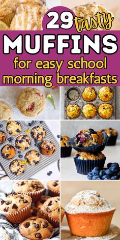 collage of breakfast muffins with text 29 tasty muffins for each school morning breakfasts. Kids Muffins School Lunch, Easy Breakfast Muffins For Kids, Muffins For Kids Healthy, Breakfast Muffins For Toddlers, Easy Breakfast Ideas For Kids Quick, Breakfast Muffins Recipes Easy, Morning Baked Goods, Kids Breakfast Muffins, Easy Kids Breakfast Ideas