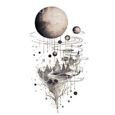 an artistic drawing with planets and trees in the sky, on top of a white background