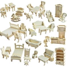 a collection of wooden furniture including chairs and tables