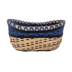 three blue and tan baskets with handles on each side, one in the shape of a basket