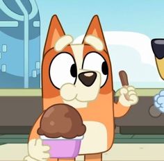 a cartoon dog holding an ice cream cone and a cupcake in his hand while another dog looks on