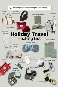 the holiday travel packing list is shown in this graphic style, with various items and their names