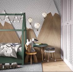 a child's bedroom with mountains on the wall, and a green bed frame