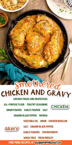 the menu for smothered chicken and gravy