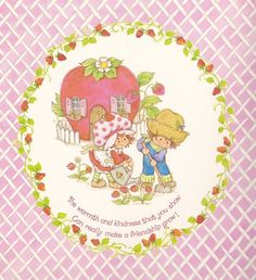 a pink and white plate with two children in front of a strawberry house on it