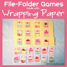 a pink book cover with images of cupcakes on it and the words file - folder games wrapping paper