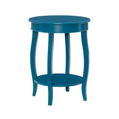 a small blue table with a shelf underneath it