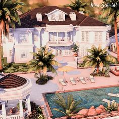 this is an artist's rendering of a large mansion with pool and palm trees