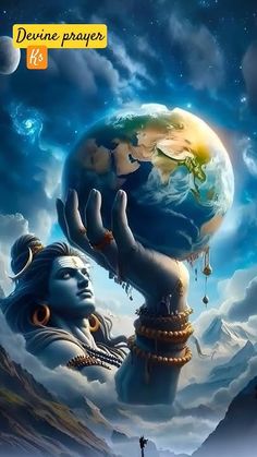 an image of a person holding the earth in their hands with clouds and mountains behind them