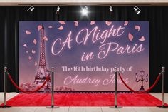 a red carpeted area with a sign that says, a night in paris the 16th birthday party of audrey e