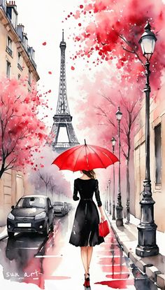 a woman walking down the street with an umbrella in front of the eiffel tower