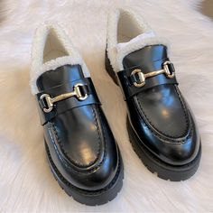 Classic And Cozy Shiny Black Leather Loafers. These Pair Perfectly With Any Outfit! - Steve Madden - Brand New Condition - No Known Flaws, Box Included - 1.5” Platform - 100% Leather, Faux Fur Is 100% Polyester - From A Smoke Free/Pet Free Home! Same Day Or Next Day Shipping Posh Ambassador & Long Time Trusted Seller I Love To Bundle & Accept Offers Formal Leather Loafers For Winter, Winter Formal Leather Loafers, Black Leather Winter Loafers, Black Leather Loafers For Winter, Casual Business Loafers For Winter, Black Loafers With Metal Pin Buckle For Fall, Leather Business Loafers For Winter, Winter Business Leather Loafers, Chic Faux Leather Loafers With Round Toe