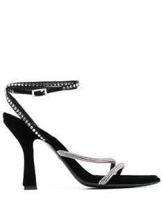 black calf leather crystal embellishment pointed toe buckle-fastening ankle strap high sculpted heel Crystal Heels, Blue Pumps, Embellished Sandals, White Pumps, Buckle Shoes, 4 Inch Heels, Crystal Embellishment, Sandals Black, Shoe Game