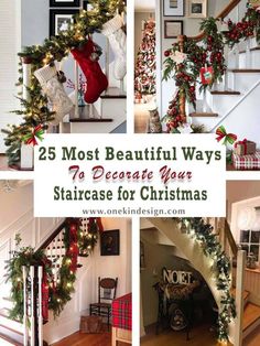 Christmas Stairway Swag, Christmas Ribbon On Staircase, Staircase Design Christmas, How To Decorate Stair Rail For Christmas, Christmas Wreath On Stairs, Stair Case Christmas Ideas, Stairway Railing Christmas Decorating, Bannister Ideas Christmas, Wreath On Staircase