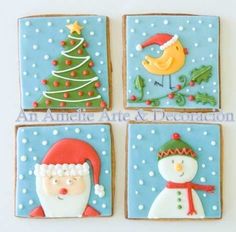 four coasters decorated with christmas images and santa claus, snowman, bird, and tree