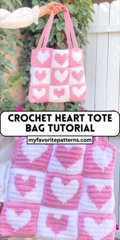 the crochet heart tote bag is hanging from a hook and has hearts on it