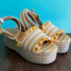 Mustard Yellow And White Striped Platform Espadrilles, Fringe On The Band Size 7 (Women's) Nwot, Never Worn Platform 2", Heel 1/2" Smoke Free Home **These Are Not Available On Lulu's Anymore! Bought In A Final Sale Make Me An Offer! 3+ Bundle / 15% Off Striped Espadrilles, Platform Espadrilles, Yellow Stripes, Espadrille Shoes, Heel Boots, High Heel Boots, Mustard Yellow, Yellow White, High Heel