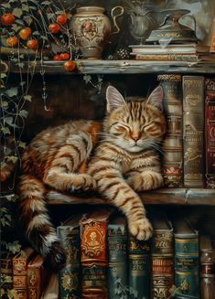 a painting of a cat laying on top of a bookshelf filled with books