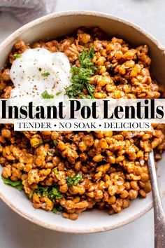 instant pot lentils with yogurt and herbs in a bowl on a table