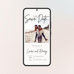 an iphone case with the save date photo on it and two people hugging each other