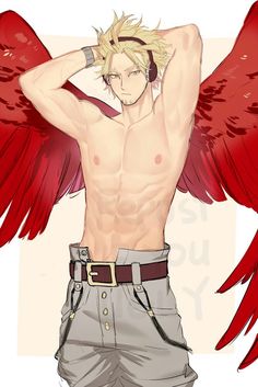 an anime character with red wings on his chest and arms behind his head, wearing grey shorts