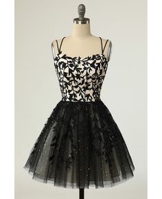 Get 10% off now! Buy unique black lace short tulle prom dress with straps at wholesale price online. Free shipping and pro custom service since 2009. Unique Hoco Dresses, Delicate Gown, Black Lace Shorts, Commitment Ceremony, Standard Dress, Lace Short, Tulle Prom Dress, Hoco Dresses, Lace Back