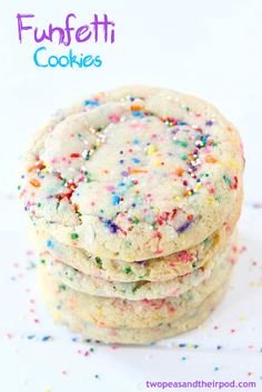 three cookies with sprinkles stacked on top of each other in front of the words funfetti cookies