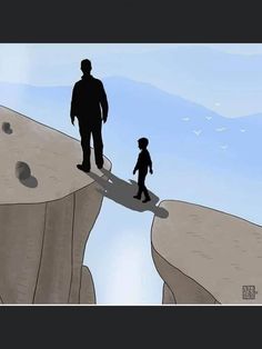 a man and child walking across a cliff