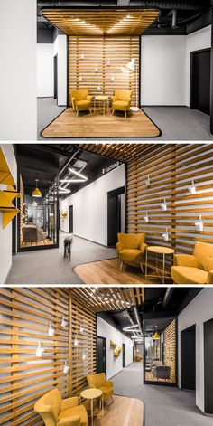 the interior of an office with wooden slats on the walls and yellow chairs in the middle