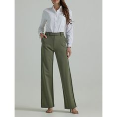 Add a little extra personality to your business casual wardrobe with the Lee® Ultra Lux Comfort Pant. These slacks are built to combine the best of style and comfort, with a sleek design that feels more like wearing lounge wear to the office. They come with a wide leg that fits perfectly all the way to the waist, and gives your legs plenty of room to move. Pair them with a flowy blouse for a look that's as comfortable as it is stylish. 67% Rayon, 28% Nylon, 5% Spandex. Olive Grove. 2 W / 29 Inch Office Lady Straight Leg Dress Pants For Workwear, Fall Office Lady Pants For Workwear, Office Lady High-waisted Dress Pants For Workwear, High-waisted Dress Pants For Office, High-waisted Dress Pants For Work, Office Lady Workwear Pants With Pockets, Office Lady Workwear Bottoms With Pockets, Office Lady Bottoms With Pockets For Work, Wide Leg Ankle-length Pants With Welt Pockets For Office