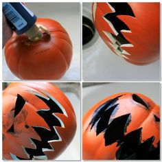 the process of painting a pumpkin with black and orange paint