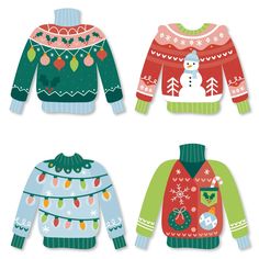 three sweaters with snowmen and christmas lights on them