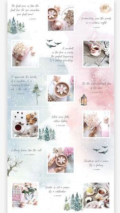 a pink and white christmas card with pictures of food, drinks and other things on it