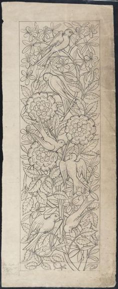 an old book with flowers and birds on the cover, in black ink over white paper