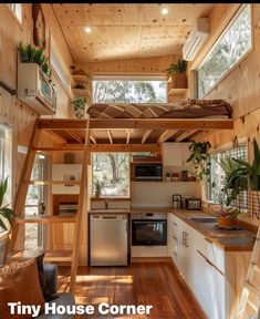 the tiny house is built into the ceiling and has stairs to go up it's side